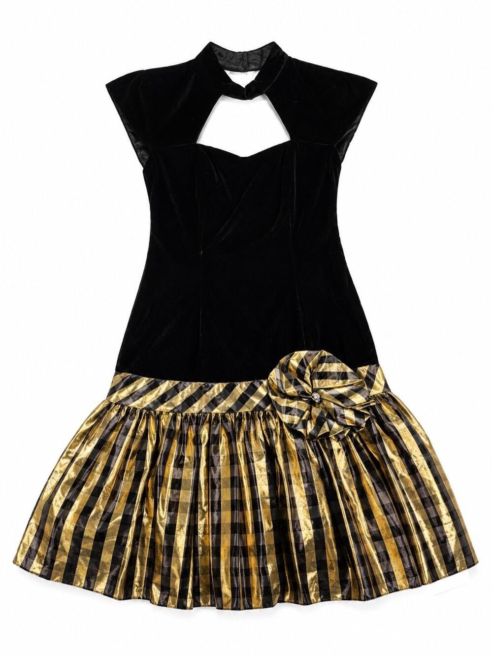 Roberta California Black Velvet Metallic Cutout Vintage Dress Size 11/12